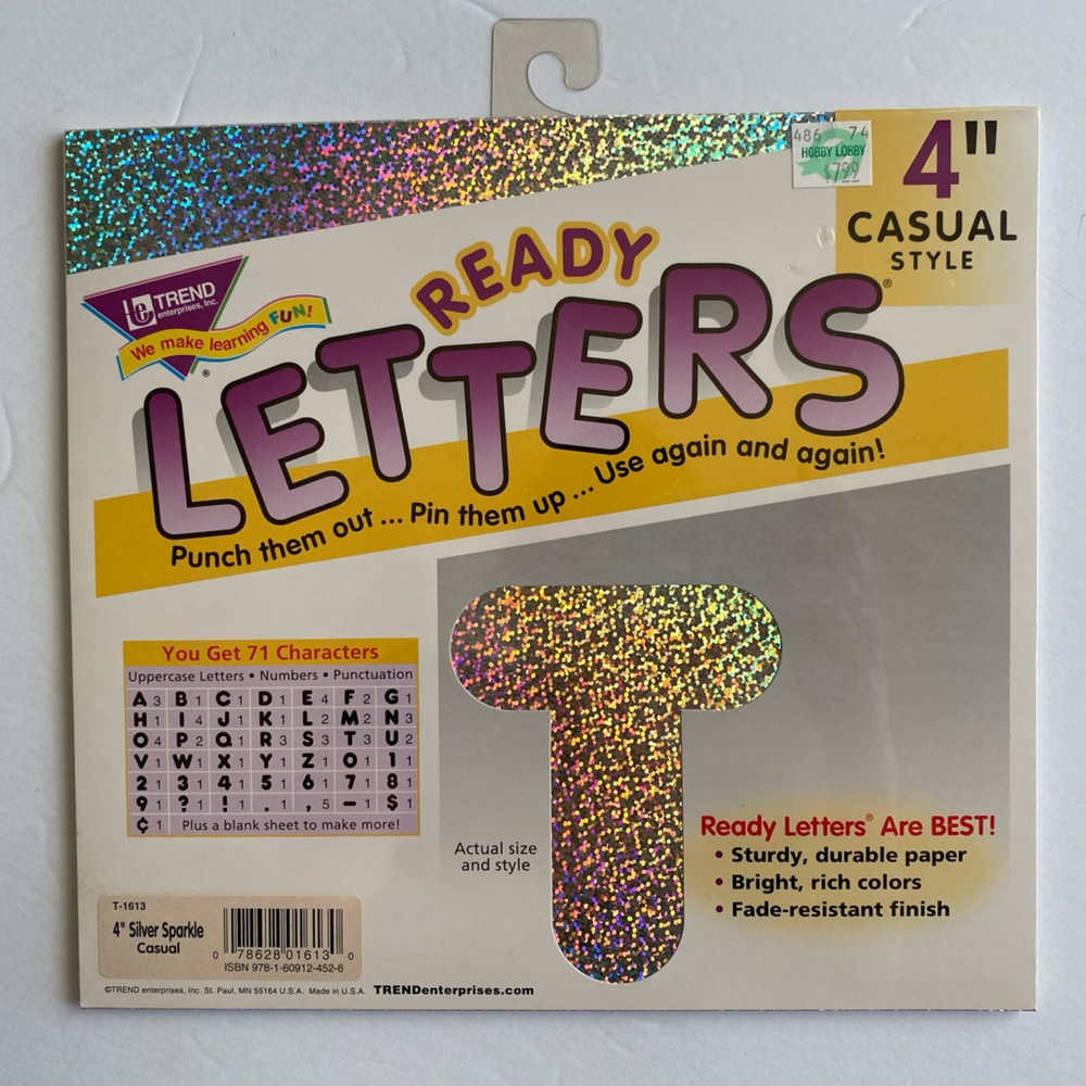 Trend enterprises inc ready letters 4” casual style silver sparkle T-1613 NEW